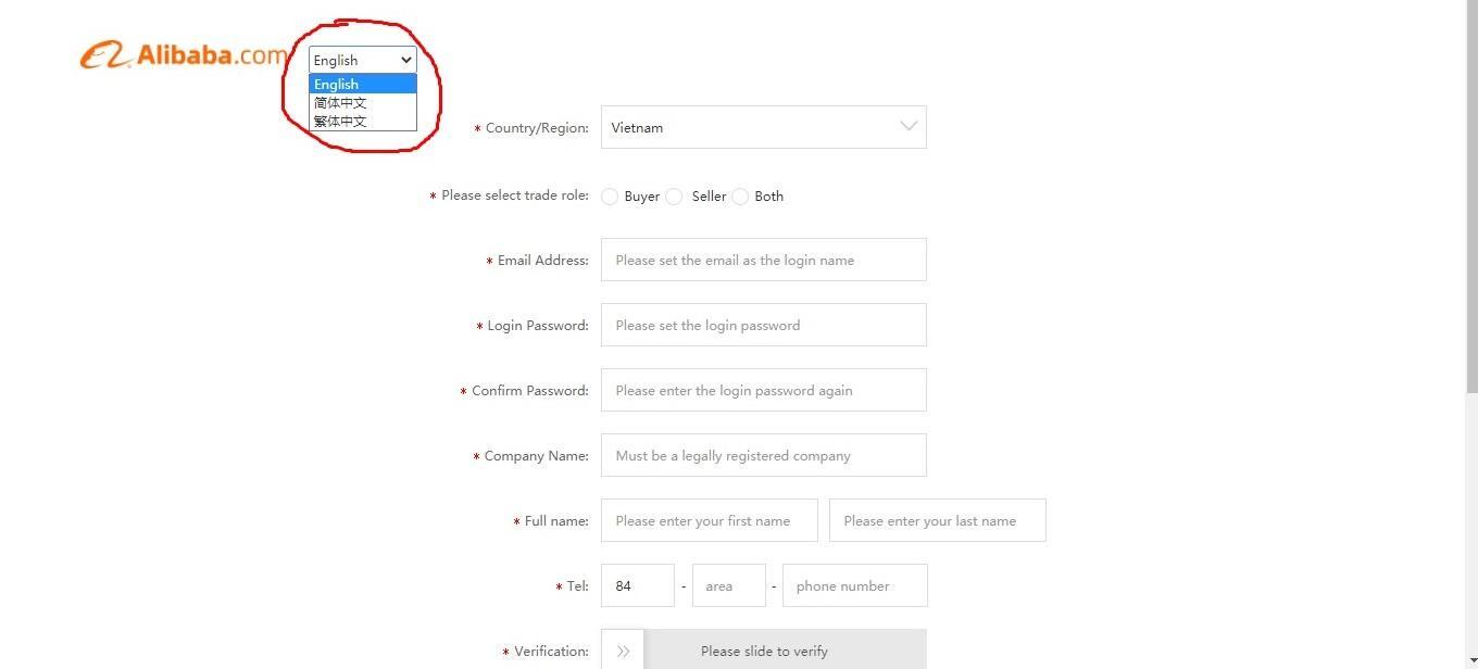 Nhập thông tin đăng ký tài khoản Alibaba
