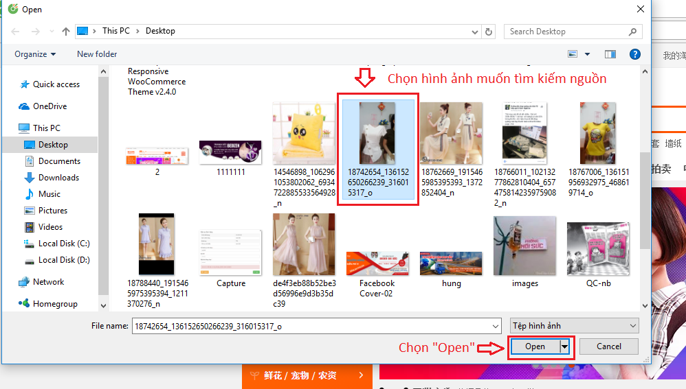 Chọn ảnh mà bạn muốn tìm kiếm bằng hình ảnh trên taobao